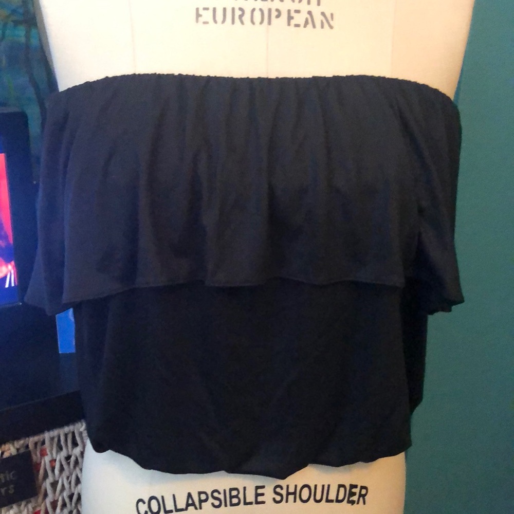 Anthropologie Black Strapless jersey flounce top